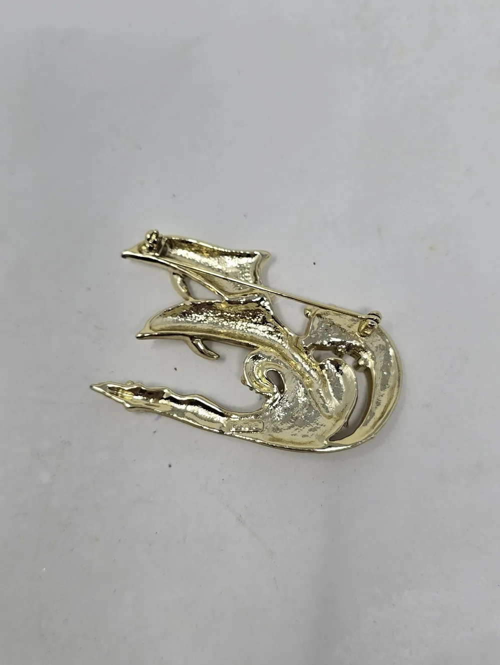 Vtg AJC dolphin brooch gold‎ tone matte shiny ocean waves summer costal animal